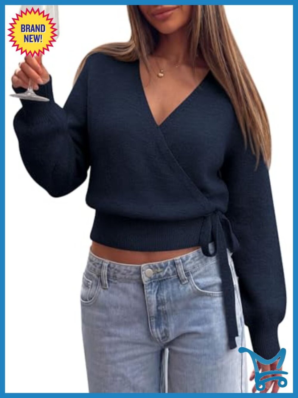 V Neck Wrap Sweater Pullover Criss Cross Tie Waist Knit Women's